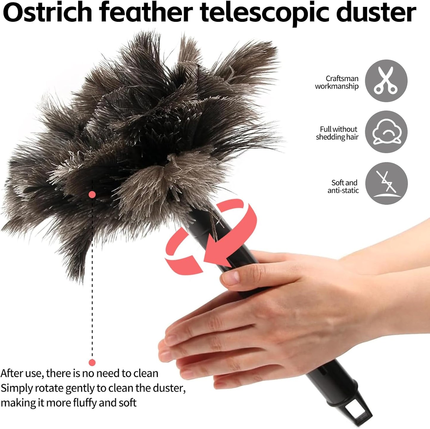 Retractable Feather Duster-Genuine Ostrich Feathers,Anti-Static,Reusable Eco-Friendly Handheld Cleaning for Keyboard,Home,Car,Office(10 to 15 Inches) 3 Pack
