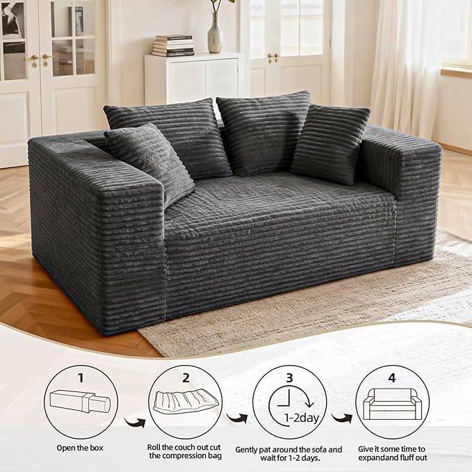 2-Seater Deep-Seat Corduroy Lounge Sleeper Sofa - No Assembly, Frameless Foam Cloud Couch for Living Room, Bedroom, Apartment, Dorm, Office