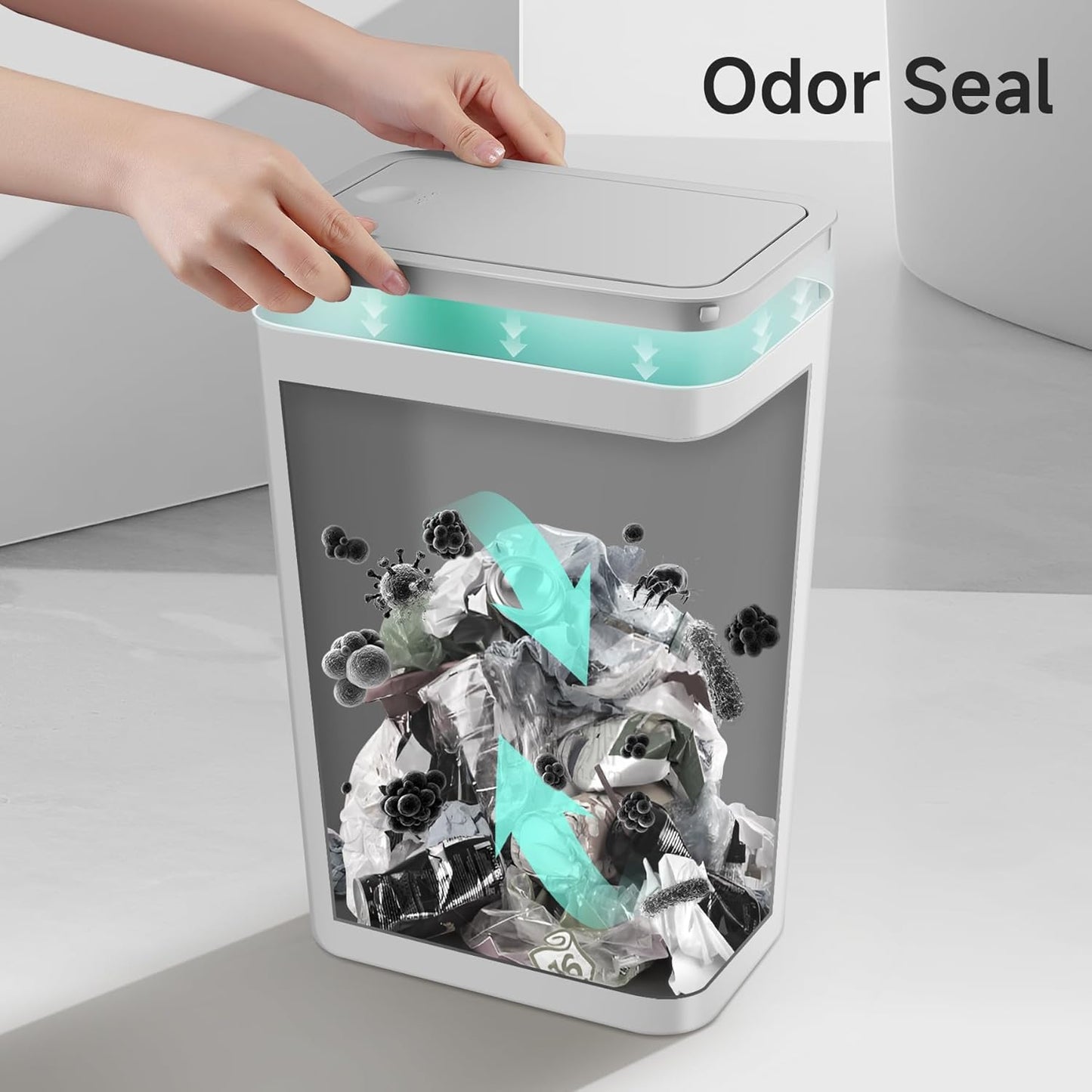 TIPGO Bathroom Trash Can with Lid, 4 Gallon / 15 Liter Small Garbage Can, Press Top Bin, Plastic Wastebasket with Pop-Up Lid for Bedroom, Living Room, Office (Grey)