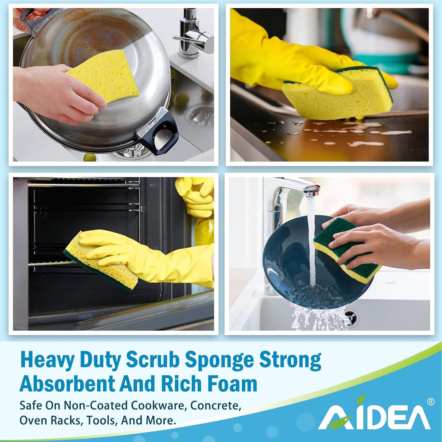 AIDEA Sponges Heavy Duty-12Count, Sponges Kitchen, Sponge for Dishes, Scrubbing Power for Tough Messes, Cleaning Sponge for Everyday Jobs for Dishes, Pots, Pans