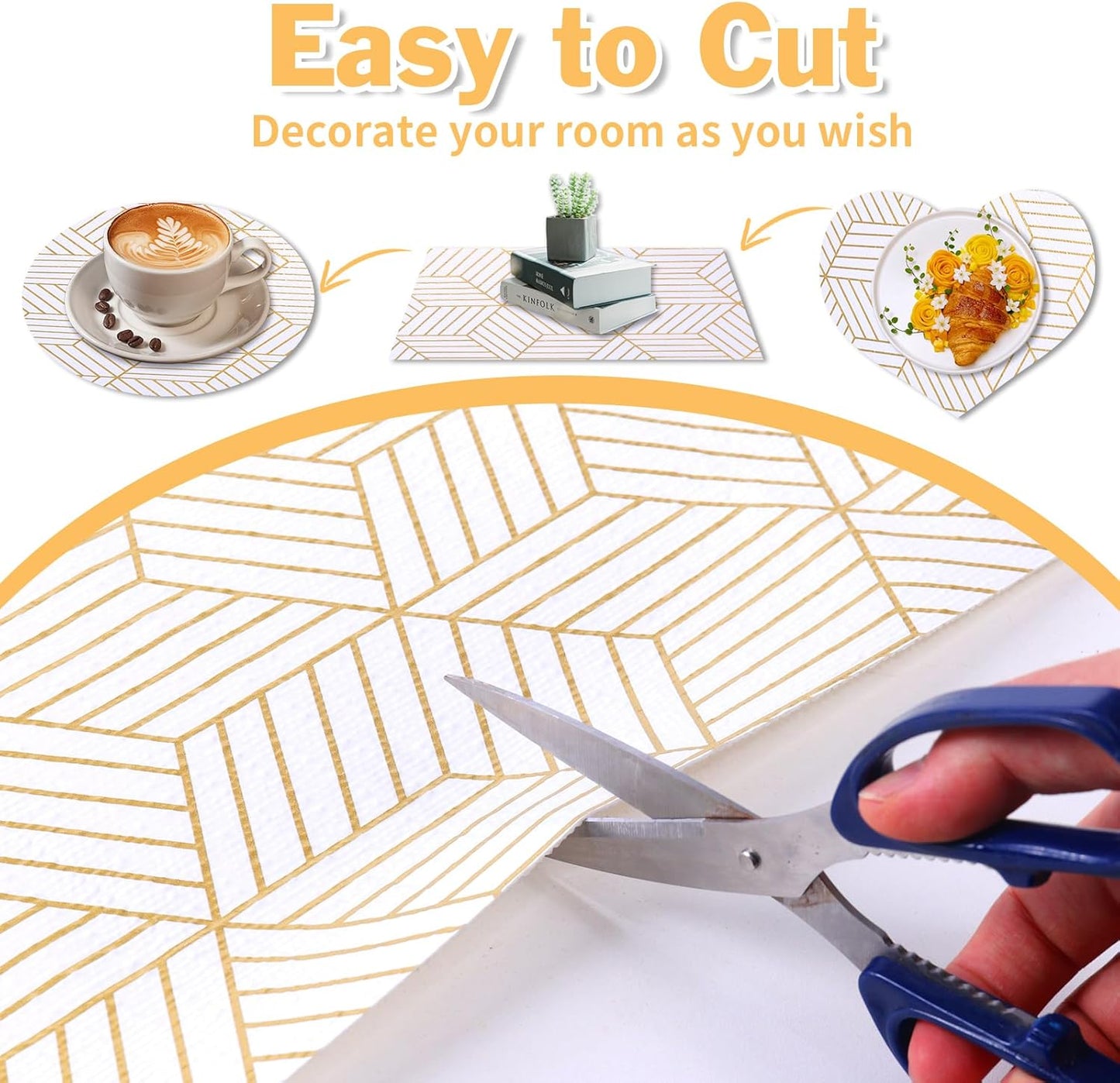 Shelf Liners for Kitchen Cabinets Non Adhesive Shelf Liner Paper Non-Slip Thickened Drawer Liner Easy to Clean for Tool Box Refrigerator with Knife and Tape Measure, Gold Geometric, 11.8 x 354.3 in