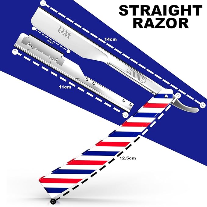 UM Supplies Straight Edge Barber Razor | Professional Men's Straight Shaving Razors kit With 10 Replaceable Blades | Cut Throat Shavette | Barber Pole Red, White, Blue