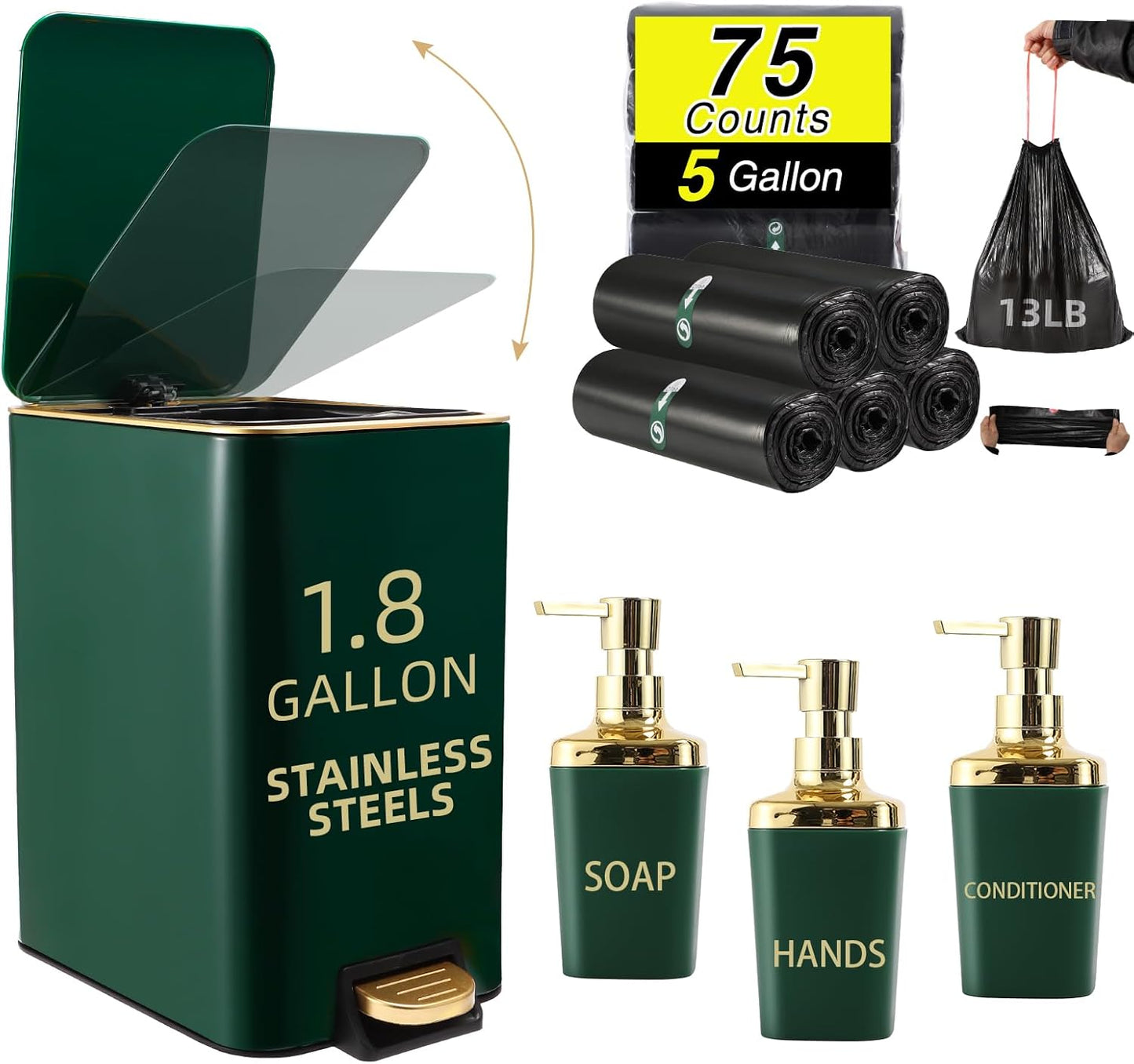 Small Bathroom Trash Can with Lid Soft Close, 1.8 Gallon Stainless Steel Garbage Can with Removable Inner Bucket,3PCS Soap Dispenser,75Count Trash Bag, Slim Step Pedal Trash Bins