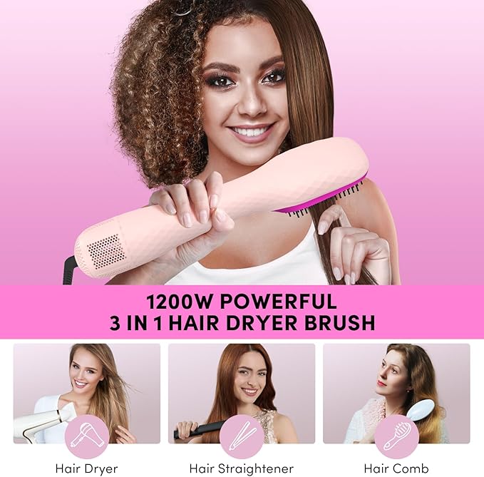 Longyu 3 in 1 Hair Blow Dryer Brush 1200W Negative Ionic Hot Air Brush with Ceramic & Tourmaline Technology One Step Hair Dryer and Styler for Straightening Drying Smoothing (Pink)