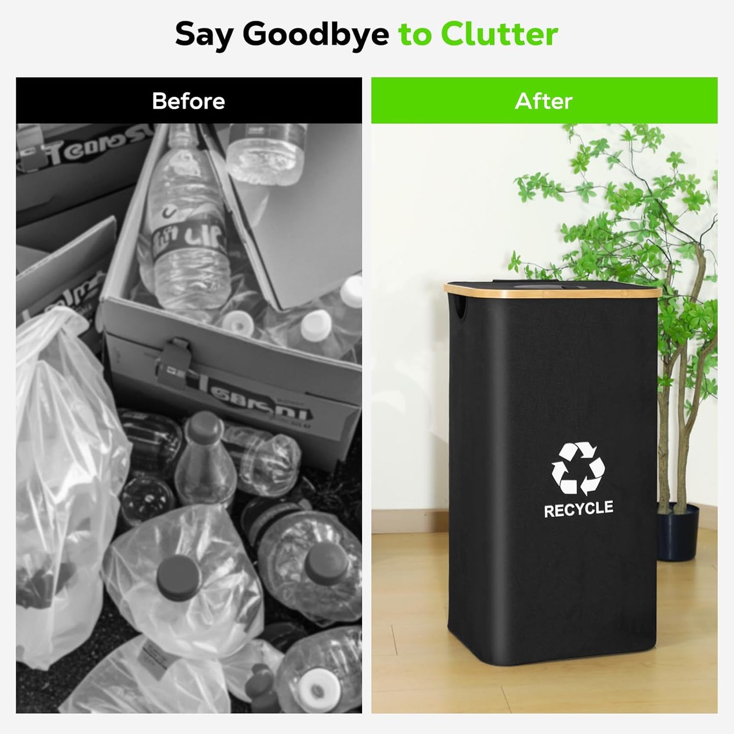 Recycling Bin for Kitchen 100L, 26 Gallon Recycle Bin with 2 Removeable Reusable Waterproof Inner Bag, Large Recycling Bin with Lid for Bottle Can Plastice Stickers (Black)