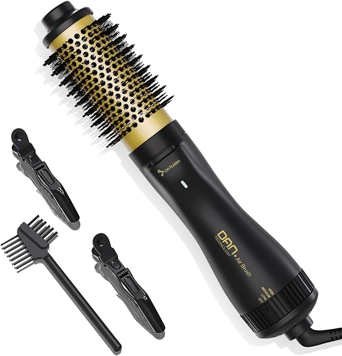 Dan Technology Blow Dryer Brush 1.5 Inch Round Blowout Brush 4-in-1 Hot Air Hair Dryer Brush & Styler, Comb, Straightener & Curler with Titanium & Ionic (Black-Gold)