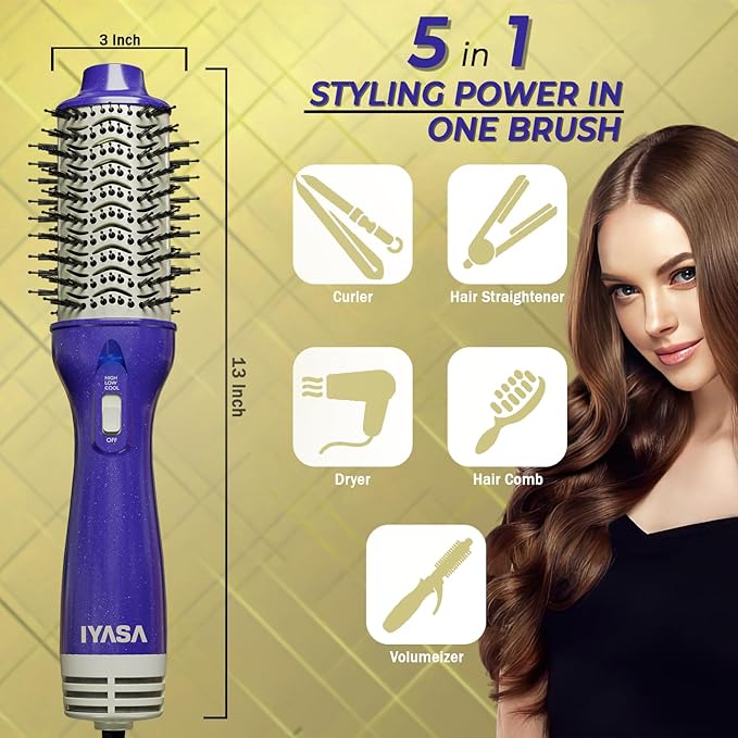3” Large Barrel Ionic Hot Air Brush Hair Dryer – 75 mm One‑Step Volumizer Blowout Brush for Thick & Long Hair, 1100 W Plastic‑Tourmaline, Frizz Control, 3 Heat / 2 Speed, 13” Length