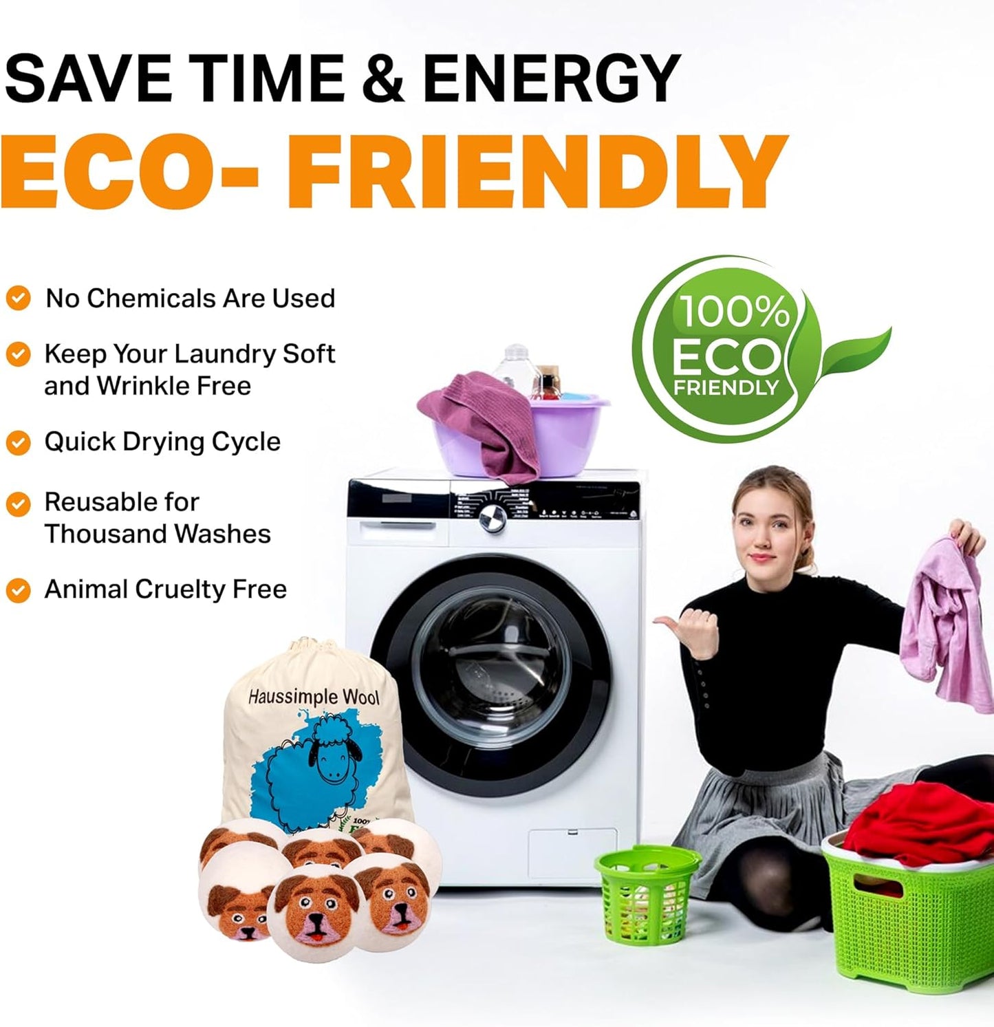 Wool Dryer Balls Organic Felt 6 Pack Laundry Fabric Softener, Extra Large Reusable Handmade Natural Sheep Wool Lint Wrinkle Free Anti Static Baby Safe (Orange Dog)