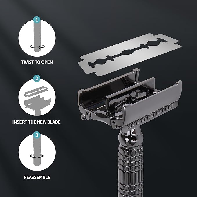 Gearhub Butterfly Double Edge Safety Razor Reusable Stainless Metal Wet Shaving Razor with 10 Swedish Platinum Blades for Men Women Barber Bikini Armpit Hair, Matte Gunmetal Black GR179
