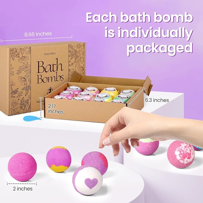 Bath Bombs for Women, 12 Pack Handmade Bubble Shower Bombs Set, Shea Butter & Individually Wrapped, Present Idea for Her/Him, Wife, Mom Women