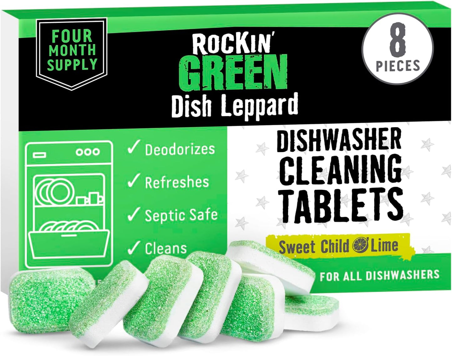 Rockin' Green Deep Cleaning and Deodorizing Tablets for Dishwashers, Washing Machines, and Garbage Disposals, Removes Odor and Residue (Dishwasher Cleaning Tablets, 8 Pack)