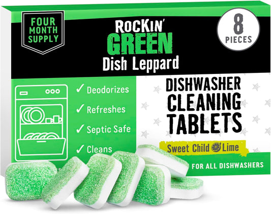 Rockin' Green Deep Cleaning and Deodorizing Tablets for Dishwashers, Washing Machines, and Garbage Disposals, Removes Odor and Residue (Dishwasher Cleaning Tablets, 8 Pack)