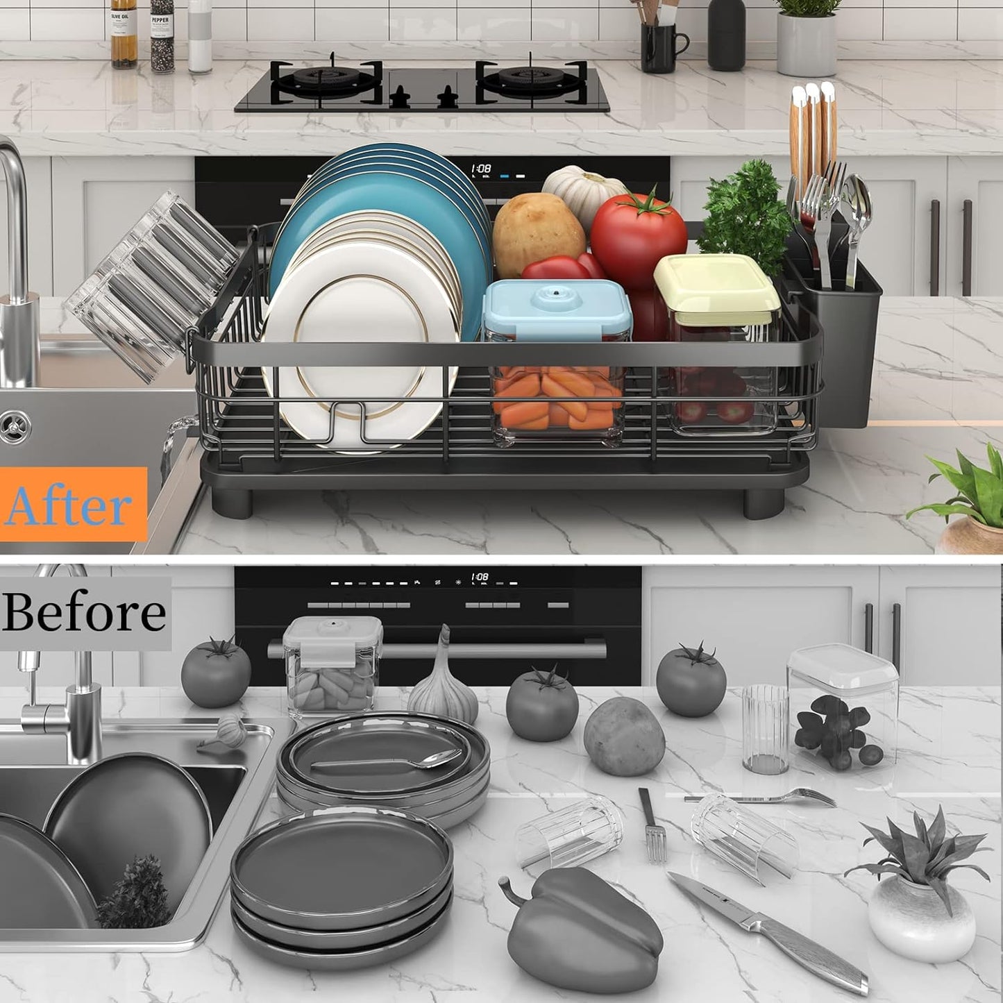 Godboat Dish Drying Rack, Dish Rack with Auto-Drain & Mat, Dish Drainers for Kitchen Counter, Glass Organizer for 4 Cups, 3 Slots Utensil Holder,Gifts for Women Mothers Day, Kitchen Gadgets & Decor