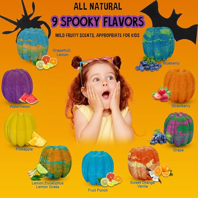 Bath Bombs for Kids with Surprise Toys Inside - Set of 9 Organic Halloween Bath Bombs, Gentle and Safe - Fizzy Balls with Rainbow Bubbles, Halloween Gifts for Kids