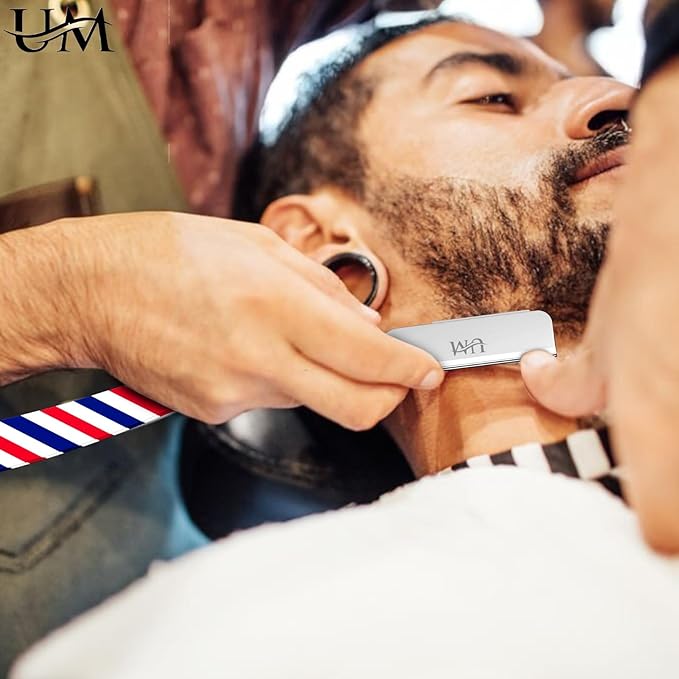 UM Supplies Straight Edge Barber Razor | Professional Men's Straight Shaving Razors kit With 10 Replaceable Blades | Cut Throat Shavette | Barber Pole Red, White, Blue