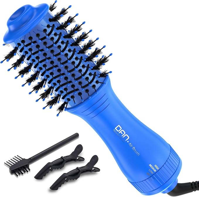 Dan Technology Blow Dryer Brush Hair Dryer Brush Hot Air Blowout Brush 120V 3 Speeds Oval Shape Volumizer Straightener Brush Faster Drying Mini Size Lightweight (Blue)