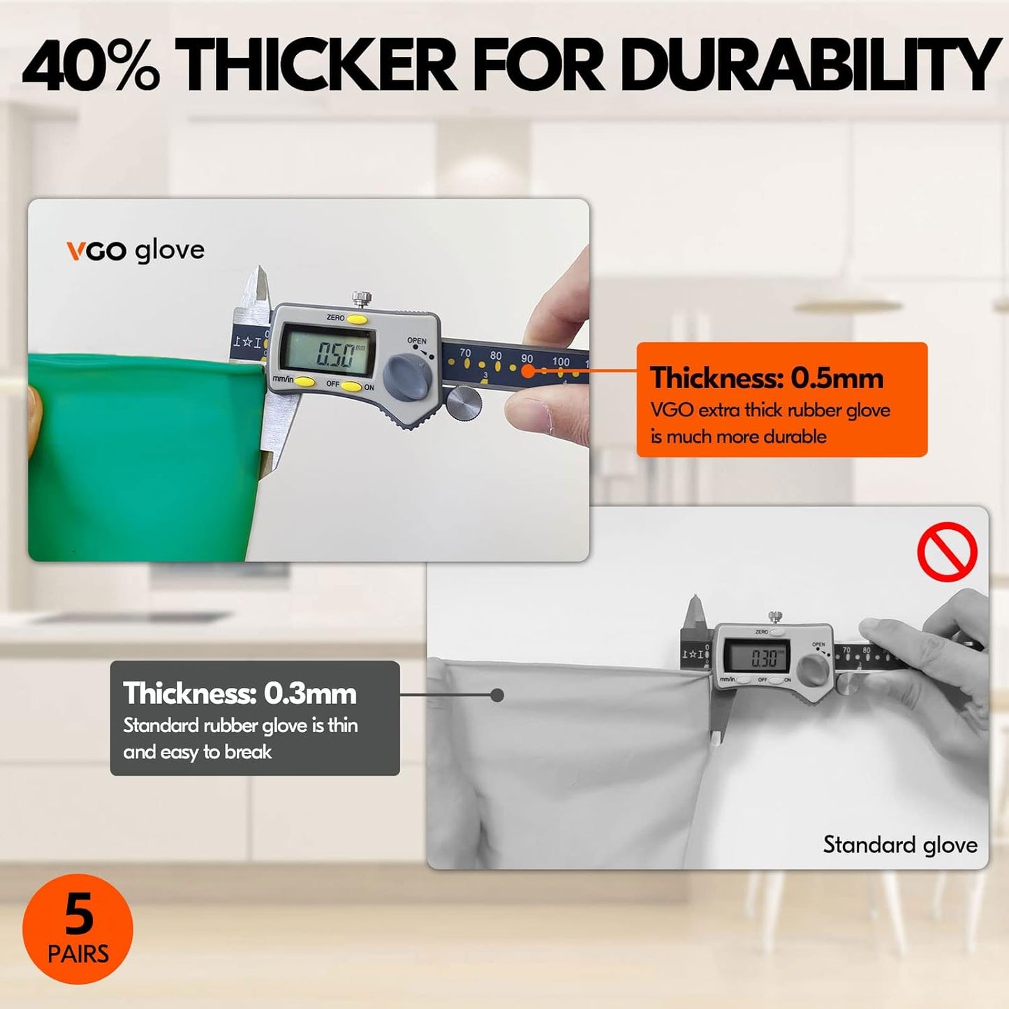 Vgo... 5-Pairs Reusable Household Gloves, Rubber Dishwashing gloves, Extra Thickness, Long Sleeves, Kitchen Cleaning, Working, Painting, Gardening, Pet Care (Size S, Green, HH4601)