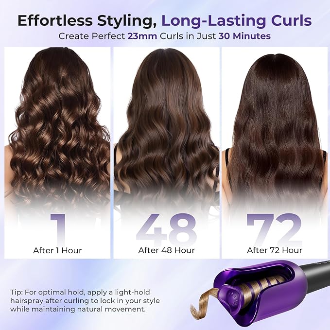 Automatic Curling Iron, Auto Hair Curler with 1" Rotating Curling Iron Barrel & 3 Temps, Anti-Scald & Anti-Tangle Hair Curler Wand, Fast Heating Auto Curler, Purple Black