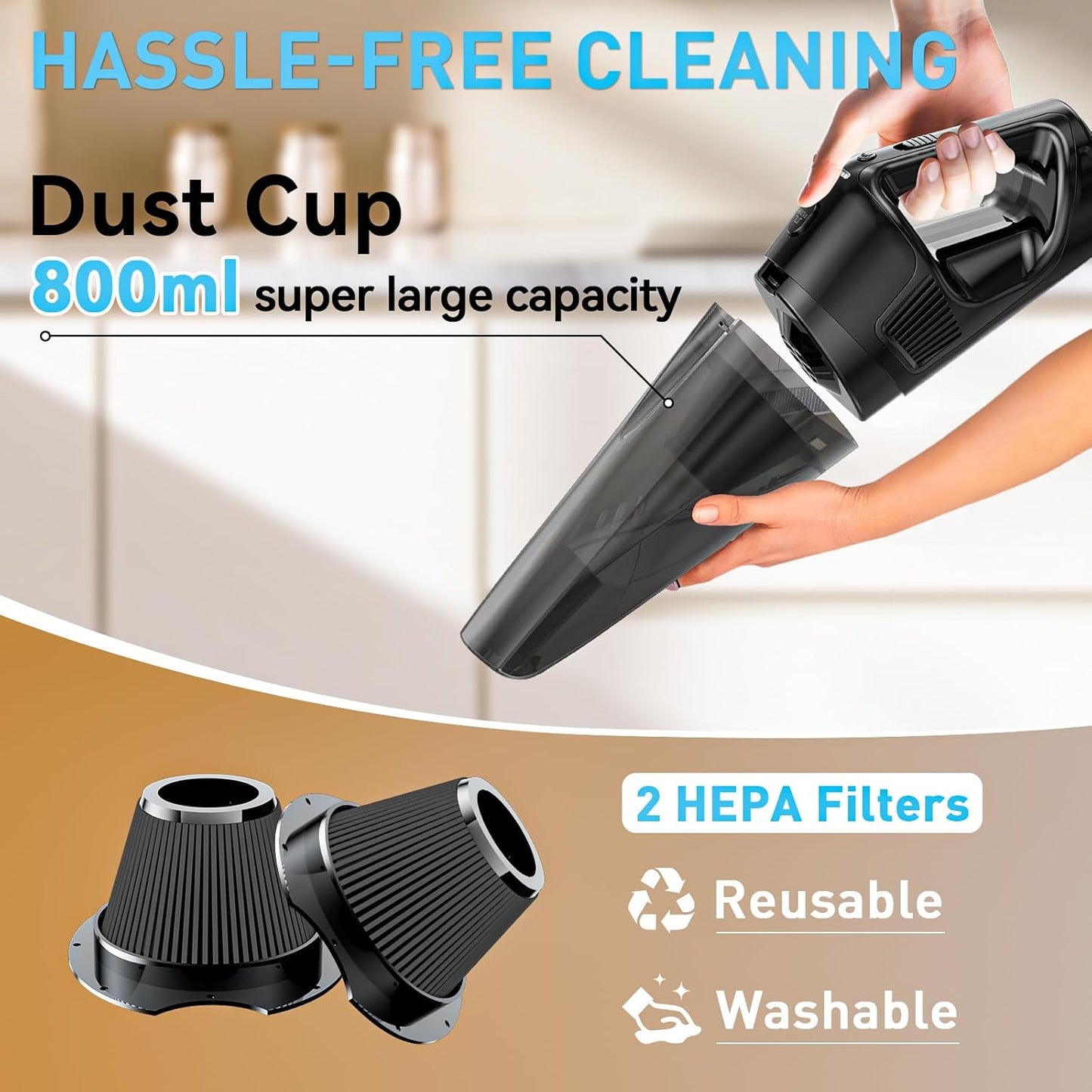 Handheld Vacuum Cordless Rechargeable with Charging Dock - 16000Pa Ultra-Strong Suction, Portable & Lightweight, Fast Charging, LED Light, 0.8L Super-Large Dust Cup, Long Battery Life for Home