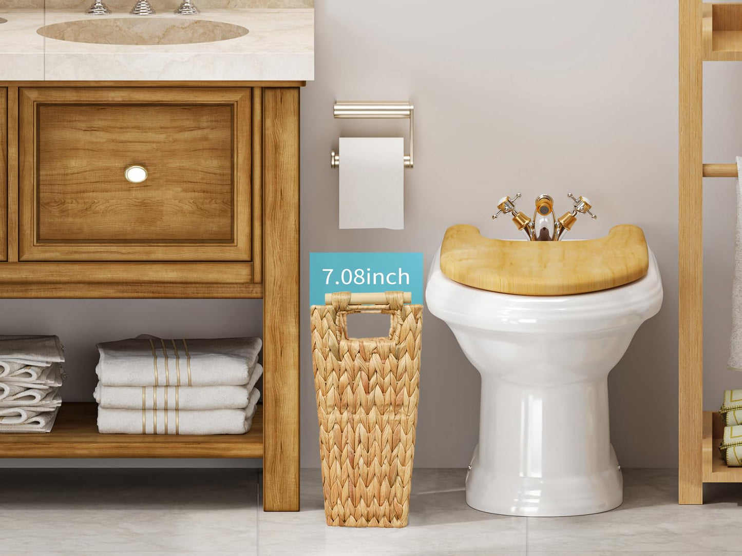 6 Gallon Wicker Trash Can with Wooden Handle,Wicker Waste Basket for Bathroom,Bedroom,Large Narrow Water Hyacinth Trash Basket,Rattan Boho Decor Farmhouse Bathroom Trash Can