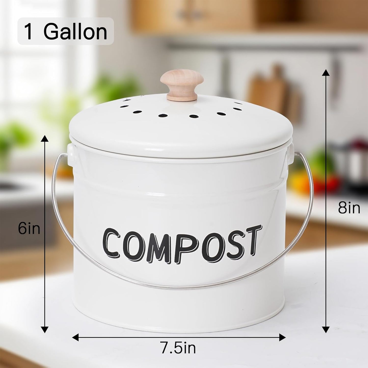 Compost Bin for Kitchen Counter, 1 Gallon Compost Bucket with Lid and Charcoal Filter, Countertop Composter, Rust Proof Indoor Food Waste Bin, White