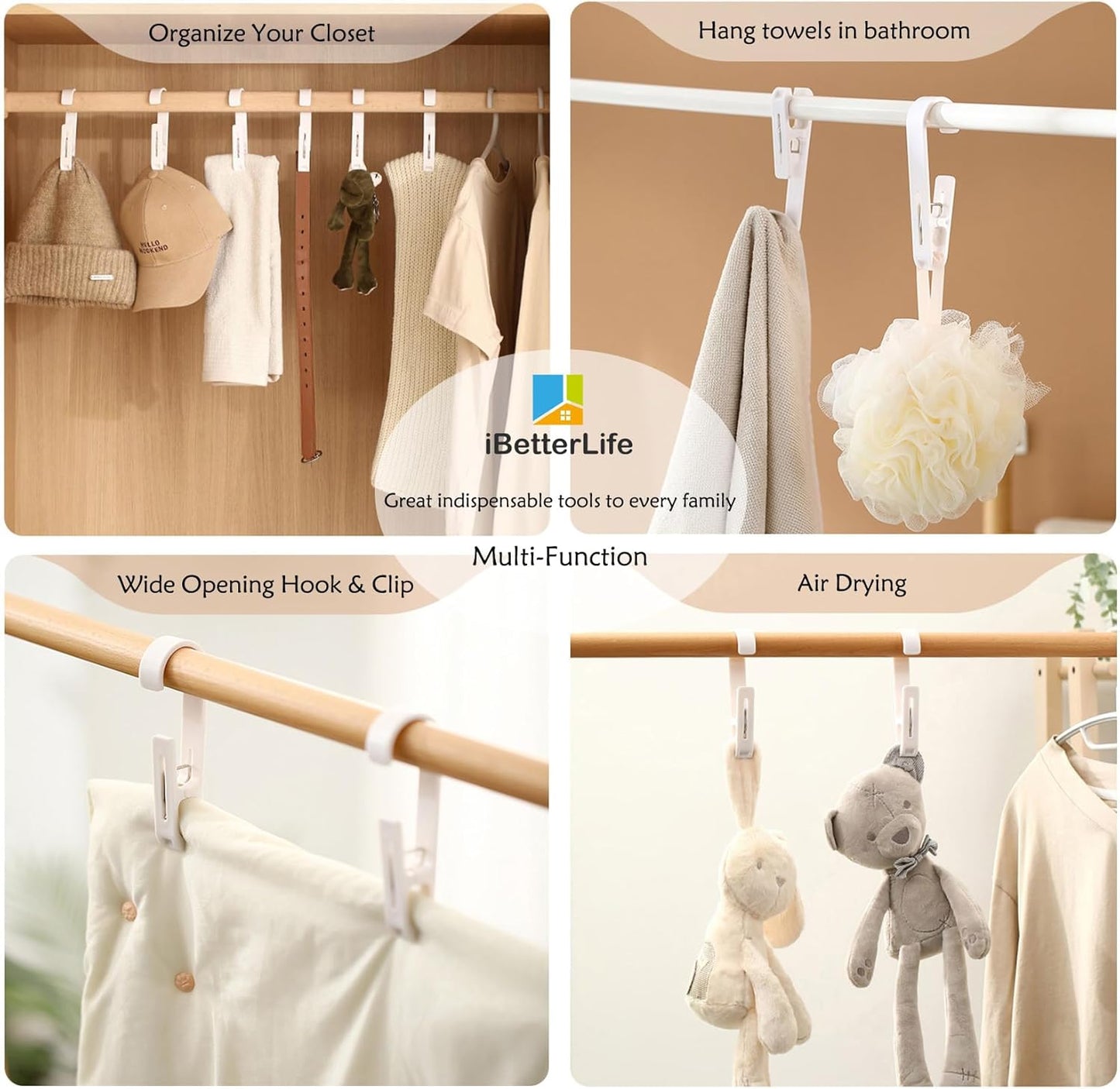iBetterLife 4Pcs Laundry Hooks Hanging Clips Heavy Duty Outdoor Clothes Pins, Closet Organizer Single Clip Hangers Clamps Socks Boot Bras Underwear Kids Towels for Bathroom Wardrobe Kitchen Office