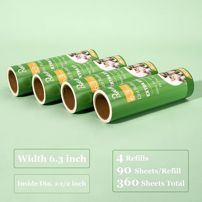 6.3 inch Lint Roller Refills Only, Extra Sticky Large Surface Lint Roller Replacement Refills 6.3 inch Long for Pet Hair Removal, Pack of 4 Refills, 90 Sheets per Refill, 360 Sheets Total