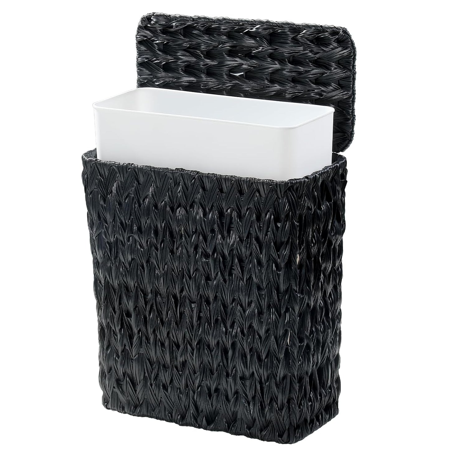 Black Wicker Trash Can with Lid and Liner,Waterproof Narrow Waste Basket for Bathroom,Bedroom,Office,3 Gallon