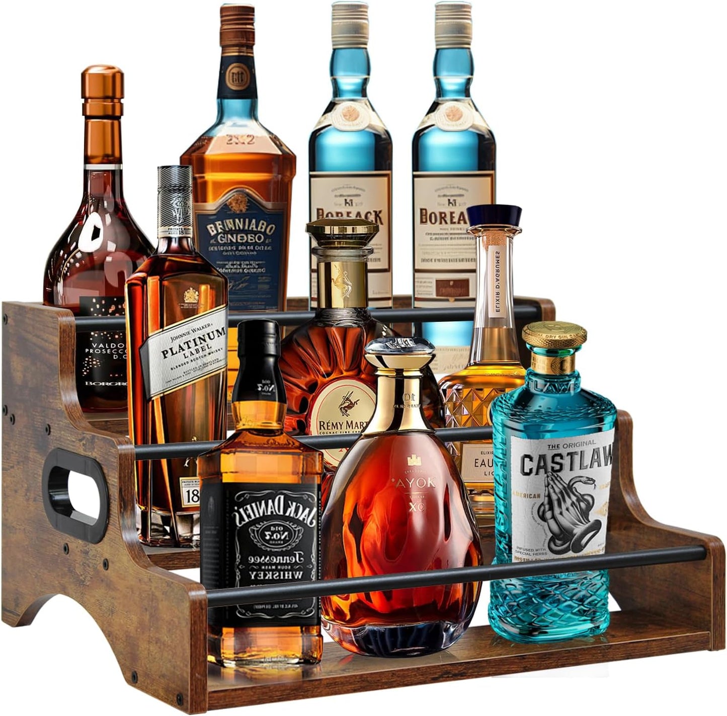 AT-VALY 3-Tier Spice Rack, Iron&MDF Kitchen Storage Shelf, Space-Saving Countertop Organizer for Spices, Herbs, Seasonings, Sturdy Stylish Condiment Holder,Countertop Wine Rack (Rustic Brown)