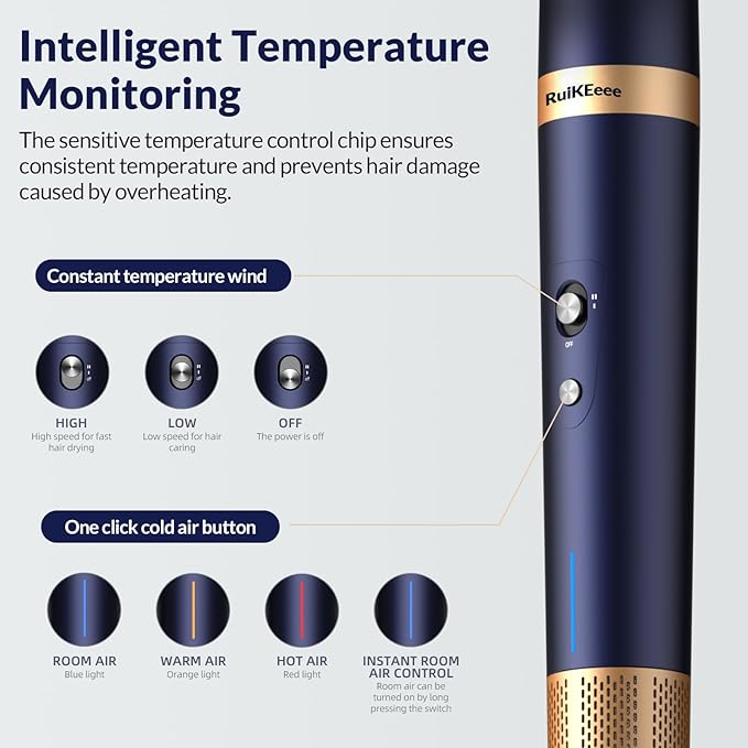 Hair Dryer Brush 6 in 1 Professional Hot Air Styler, Hair Curler Set for Curling, Fast Drying, Smoothing, Volumizing, Multi Hair Styling Tools with Travel Case - No Heat Damage - Prussian Blue