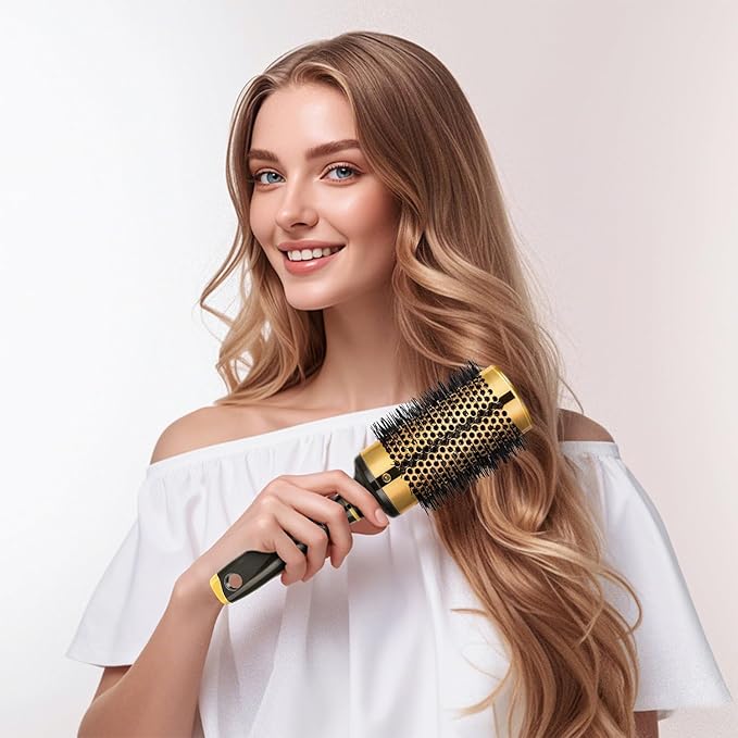 Large Round Brush for Blow Drying, Aluminum Round Hair Brushes for Women, Roller Brush for Blow Drying and Styling, Gold, For Curly and Straight-2 Inch Barrel, 2.95 Inch with Bristles