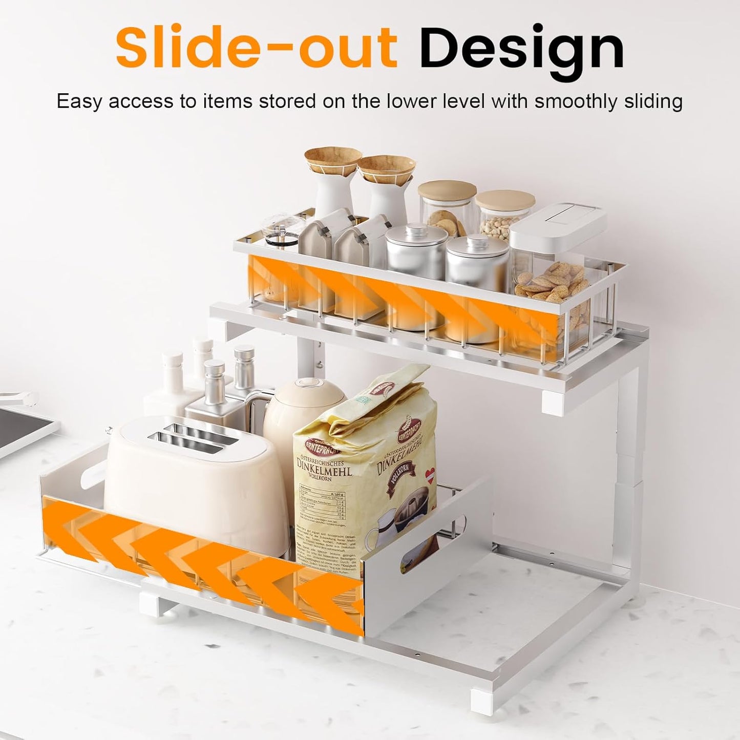 2 Pack Under Sink Organizer, 2-Tier Heavy Duty Metal Pull Out Cabinet Organizer Slide Out Sink Shelf Organizer Height Adustable, Multi-Purpose Storage Shelf for Kitchen Bathroom (Silver, 2 Pack)