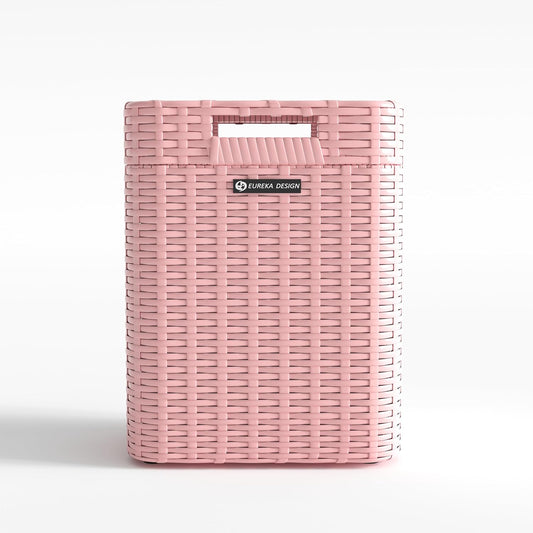 Ypati Handwoven 4 Gallon Rattan Trash Can with Lid, Boho Style Decorative Indoor and Outdoor Trash Bin with Shelf, Waste Basket for Bathroom, Patio, Study, with Trash Bags, Macaron Pink, Eureka