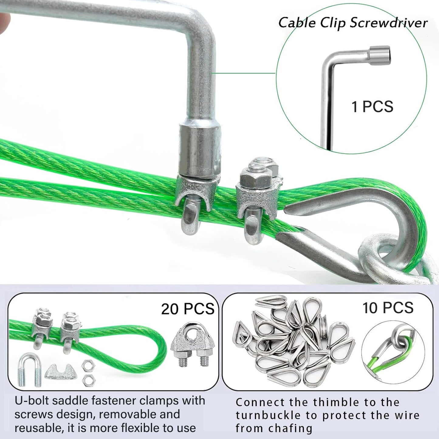 3/16" Wire Rope, 100 Ft PVC Coated Wire Cable Metal Steel Cable Trellis Kit, Multi-use Clothes Line Cable for T Post/Climbing Grapevines Plants Outdoor/String Light Hanging Kit
