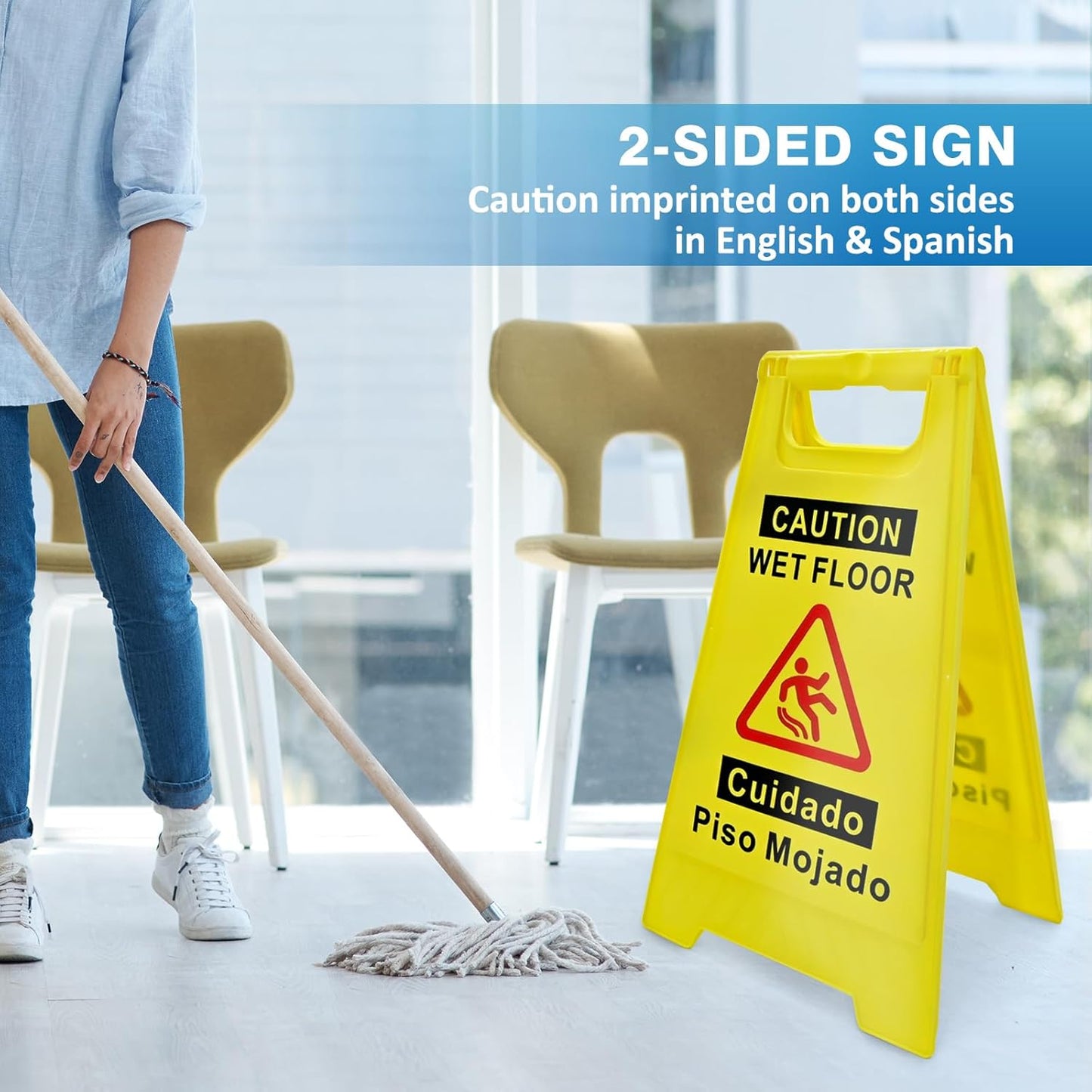 2 Pack Caution Wet Floor Sign, 17.5" Height, Bright Yellow, Double-Sided A-Frame Safety Caution Sign Commercial, Bilingual Caution Message