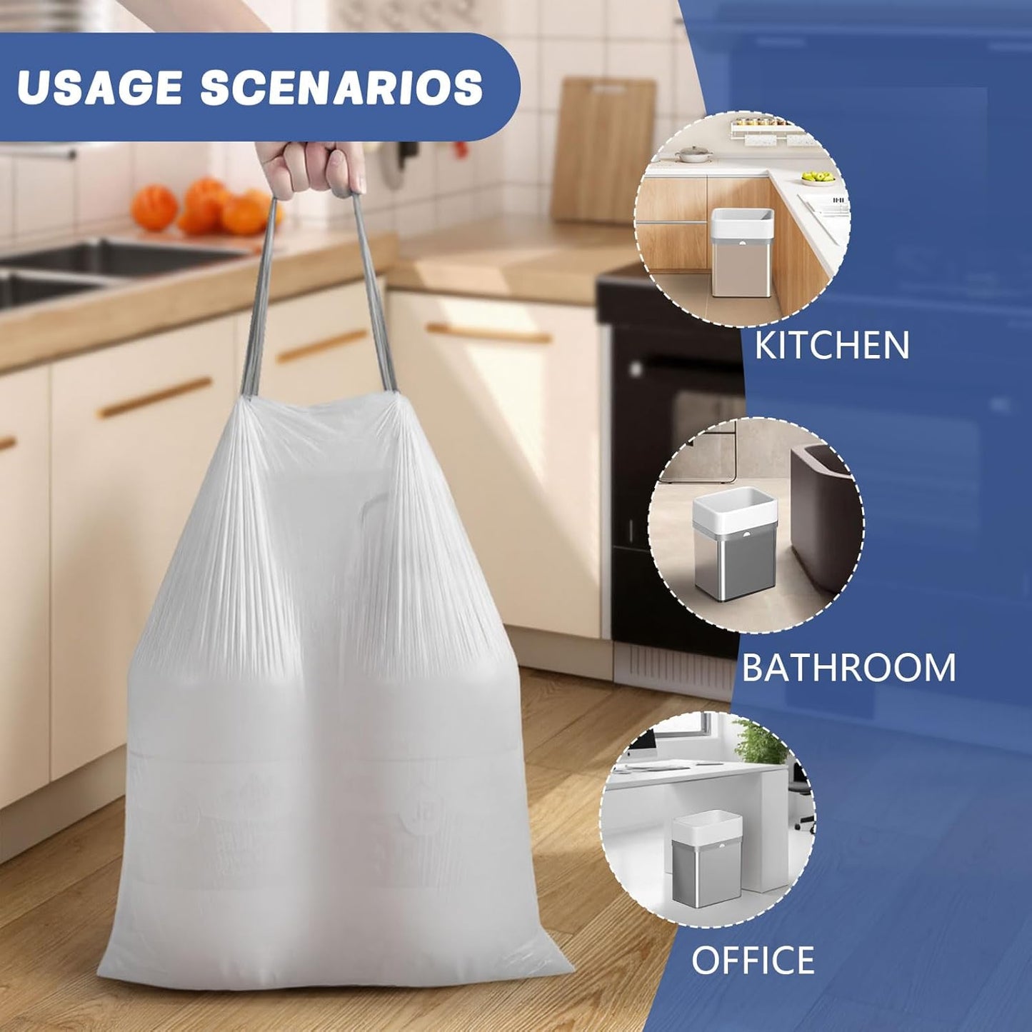 270 Count Heavy-Duty Trash Bags, Compatible with 6-7 Gallon Trash Can, Pre-Separated Drawstring Kitchen Garbage Bags, Ideal for Home & Office, 19.9 x 29.1 Inches, 6 Rolls, White
