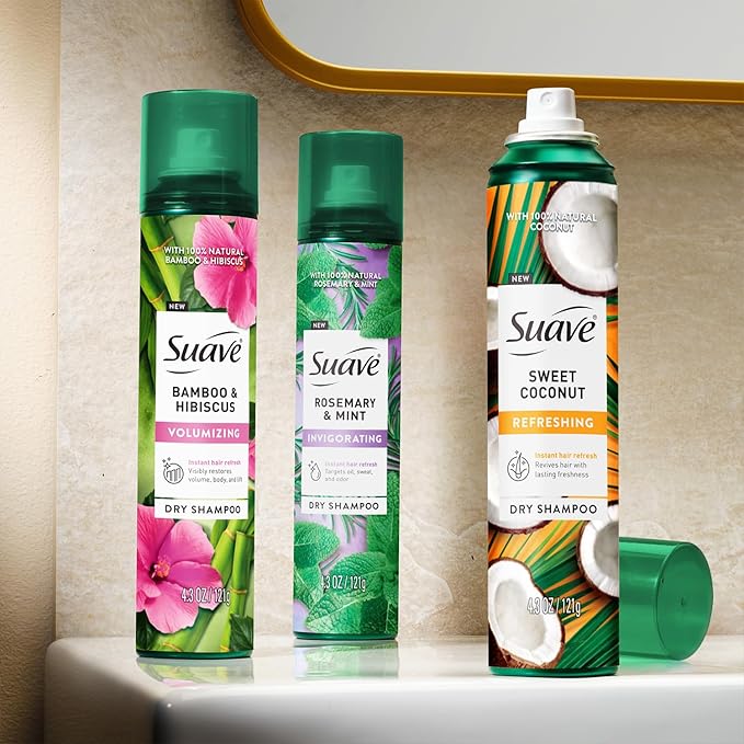 Suave+ Dry Shampoo Spray Variety 2-Pack – Volumizing Bamboo & Hibiscus, Refreshing Sweet Coconut, 4.3 Oz Ea