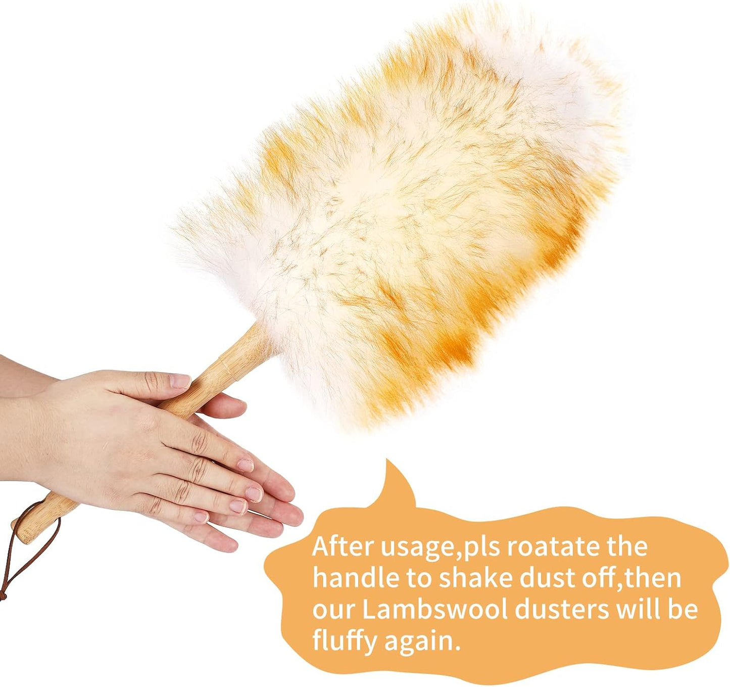Lambs Wool Duster with Solid Bamboo Handle,Leather Hang Strap,18.9 inch Long,Natural Feather Duster for Cleaning Ceiling Fans,Window Blinds,Computer Screens,Bookshelves etc