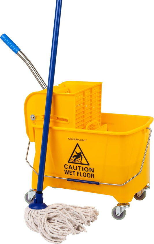 Mind Reader Mop Bucket with Wringer, 22 Qt (5.5 Gallon), Floor Cleaning, Handle, Wheels, 16.25"L x 10.75"W x 24.5"H, Yellow