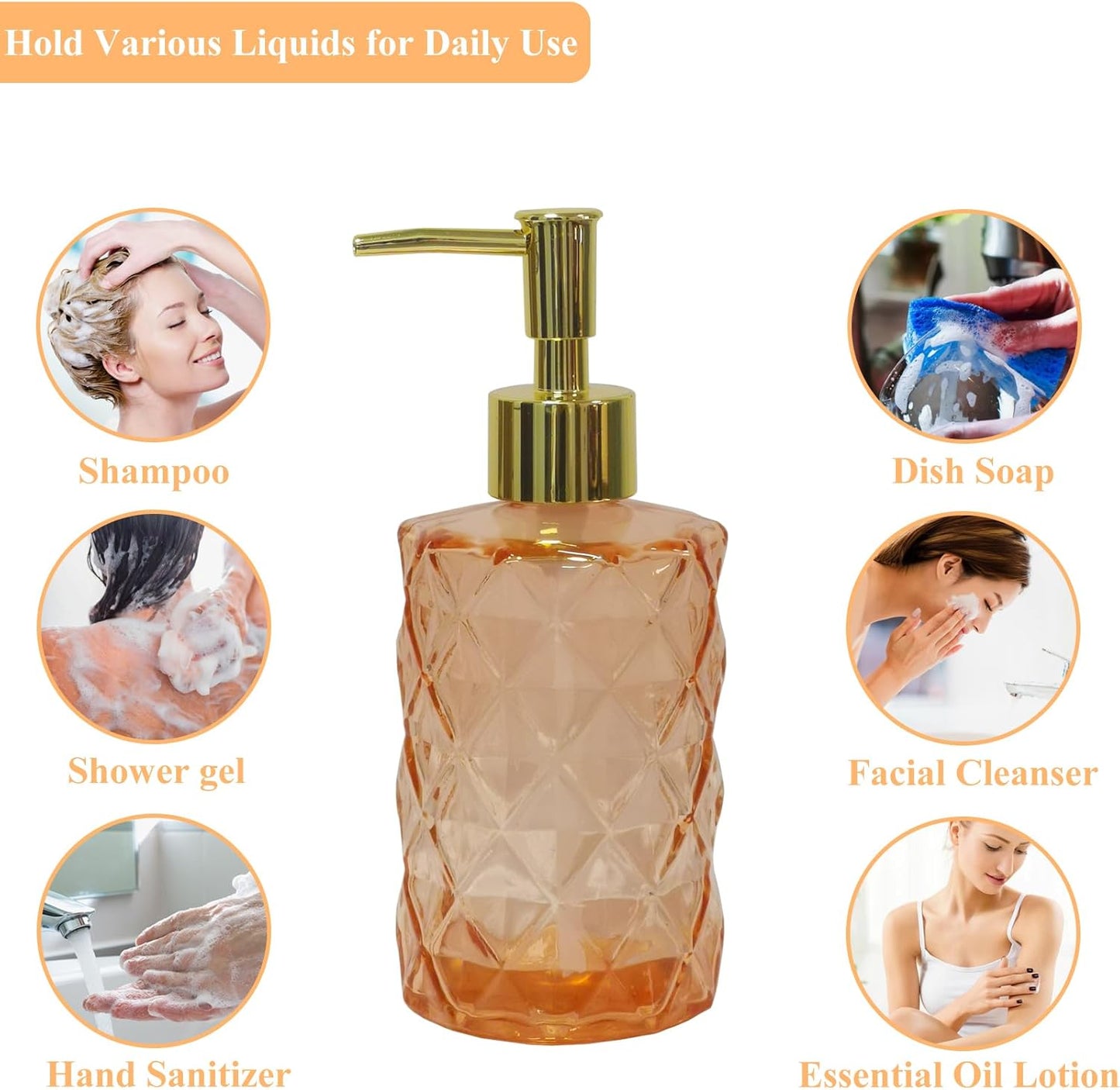 Glass Soap Dispenser with Gold Plastic Pump, 12oz Refillable Liquid Hand Soap Dispenser, Crystal Lotion Bottle for Modern Home Decor, Bathroom, Kitchen Countertop, Hotel(Amber)