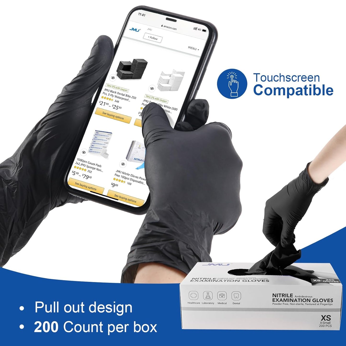 JMU XL Nitrile Gloves, 200 Black Nitrile Gloves, Latex Free, Powder Free, 3.5 Mil Nitrile Disposable Gloves