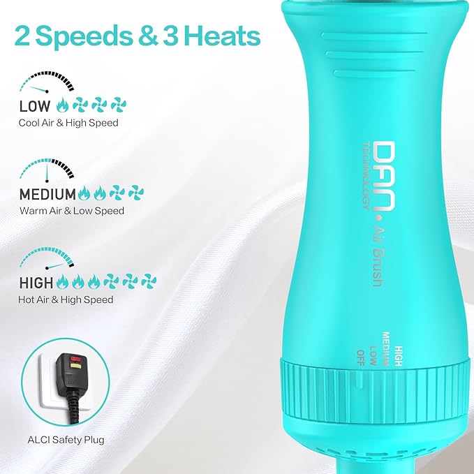 Dan Technology Blow Dryer Brush Hair Dryer Brush Hot Air Blowout Brush 120V 3 Speeds Oval Shape Volumizer Straightener Brush Faster Drying Mini Size Lightweight (Cyan)