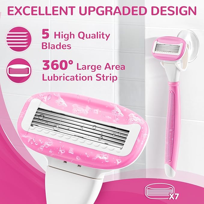 Razors for Women Include 1 Non-Slip Handle and 7 Blade Refills with a Shower Holder, 5 Premium Blades Women's Razors for Shaving with 360° Lubrication Reduces Irritation, Pink