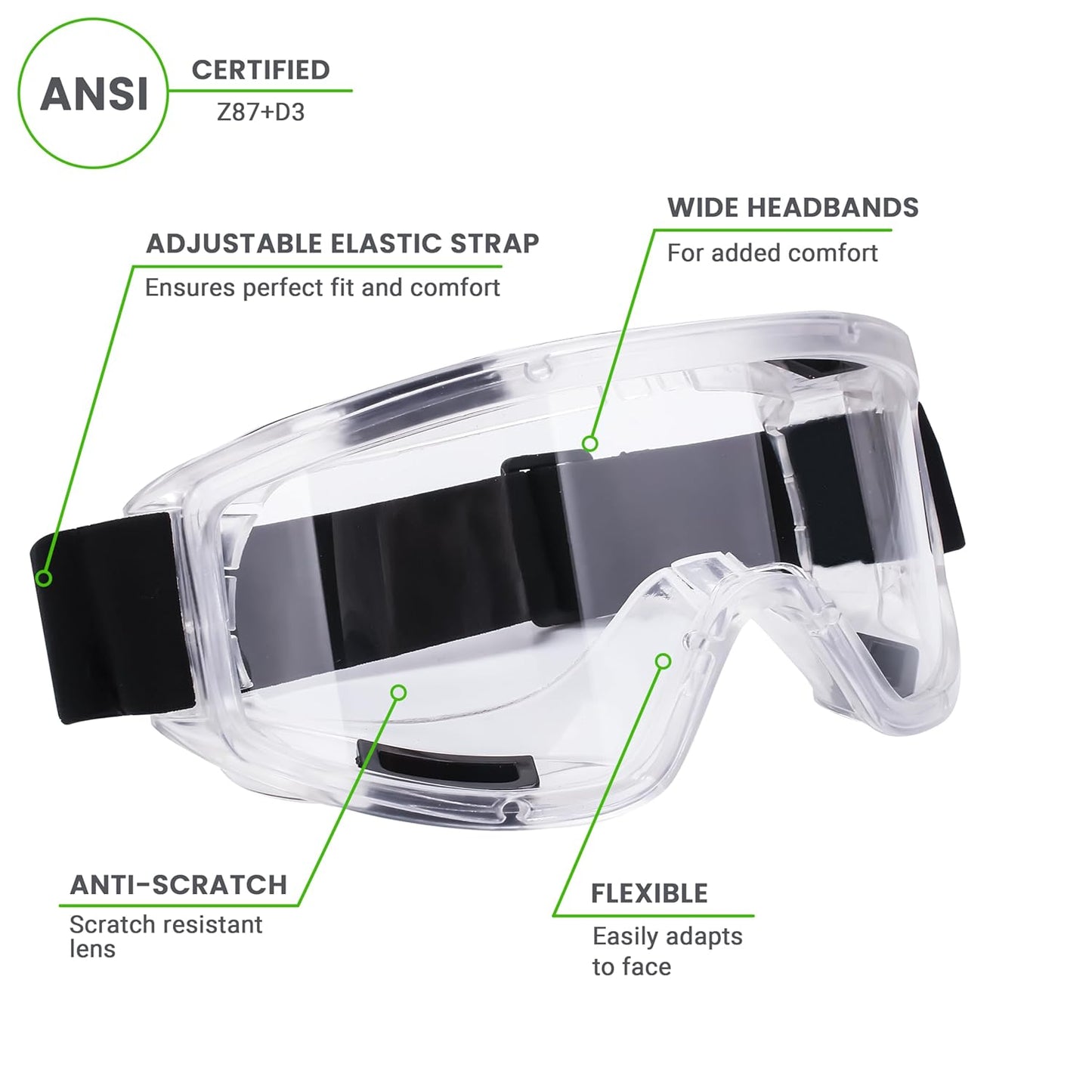 AirGearPro Vision-1000 Anti-Fog Safety Goggles | Impact Resistant Protective Goggles | ANSI Z87.1 Work Goggles for Painting, Sanding, Dust, Woodworking, Construction, Chemistry, Laboratory (1 Pack)
