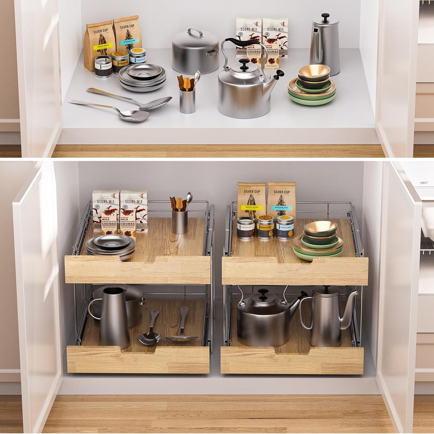 Pull Out Cabinet Organizer,Heavy-Duty Slide Out Shelf, Wood and Wire Basket, Pull Out Drawer for for Kitchen Under Sink Space, Pantry, Bathroom, 2 Tie 23 * 21 in