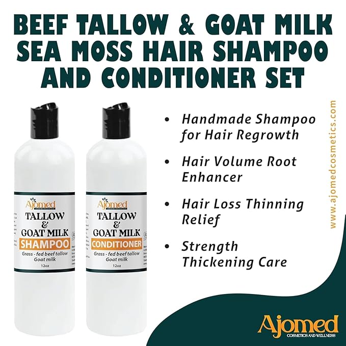 Beef Tallow Shampoo & Conditioner Set -Unscented Handmade tallow & goat milk shampoo for Damaged hair, all hair types- Moisturizing Shampoo- Sulfate, fragrance free -SHAMPOO 12OZ