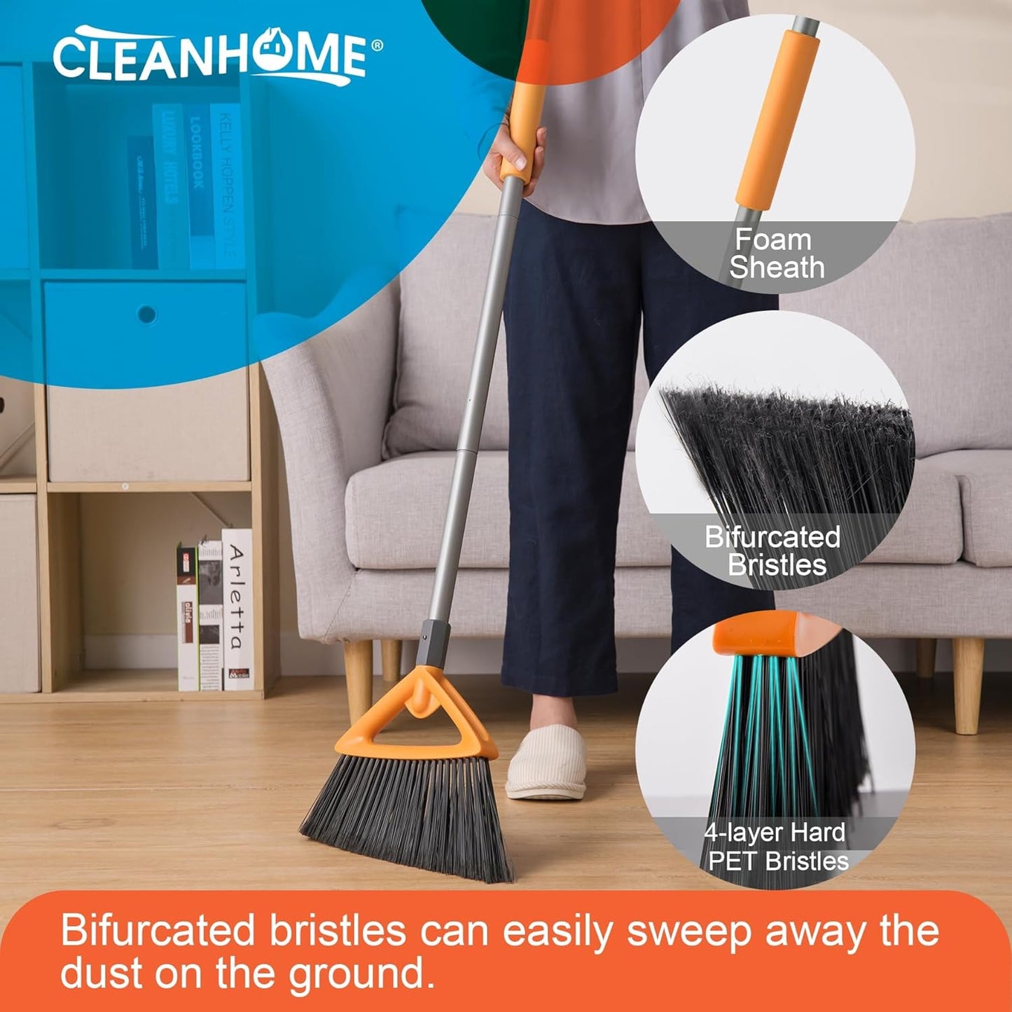 3 Pack Heavy Duty Outdoor Broom with Long Handle for Patio,Lobby,Garden,Kitchen,Deck,Yard,Sweeping -Commercial Grade Angle Broom with Stiff Bristles and Sponge Handle