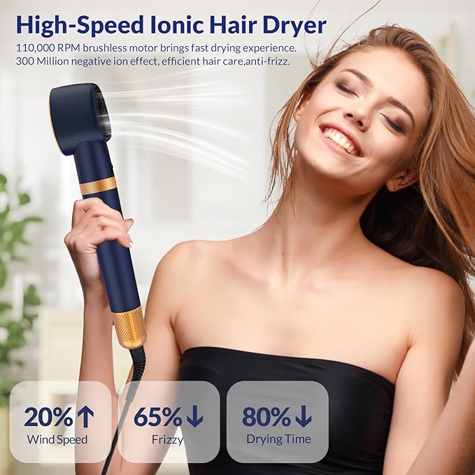 Hair Dryer Brush 6 in 1 Professional Hot Air Styler, Hair Curler Set for Curling, Fast Drying, Smoothing, Volumizing, Multi Hair Styling Tools with Travel Case - No Heat Damage - Prussian Blue