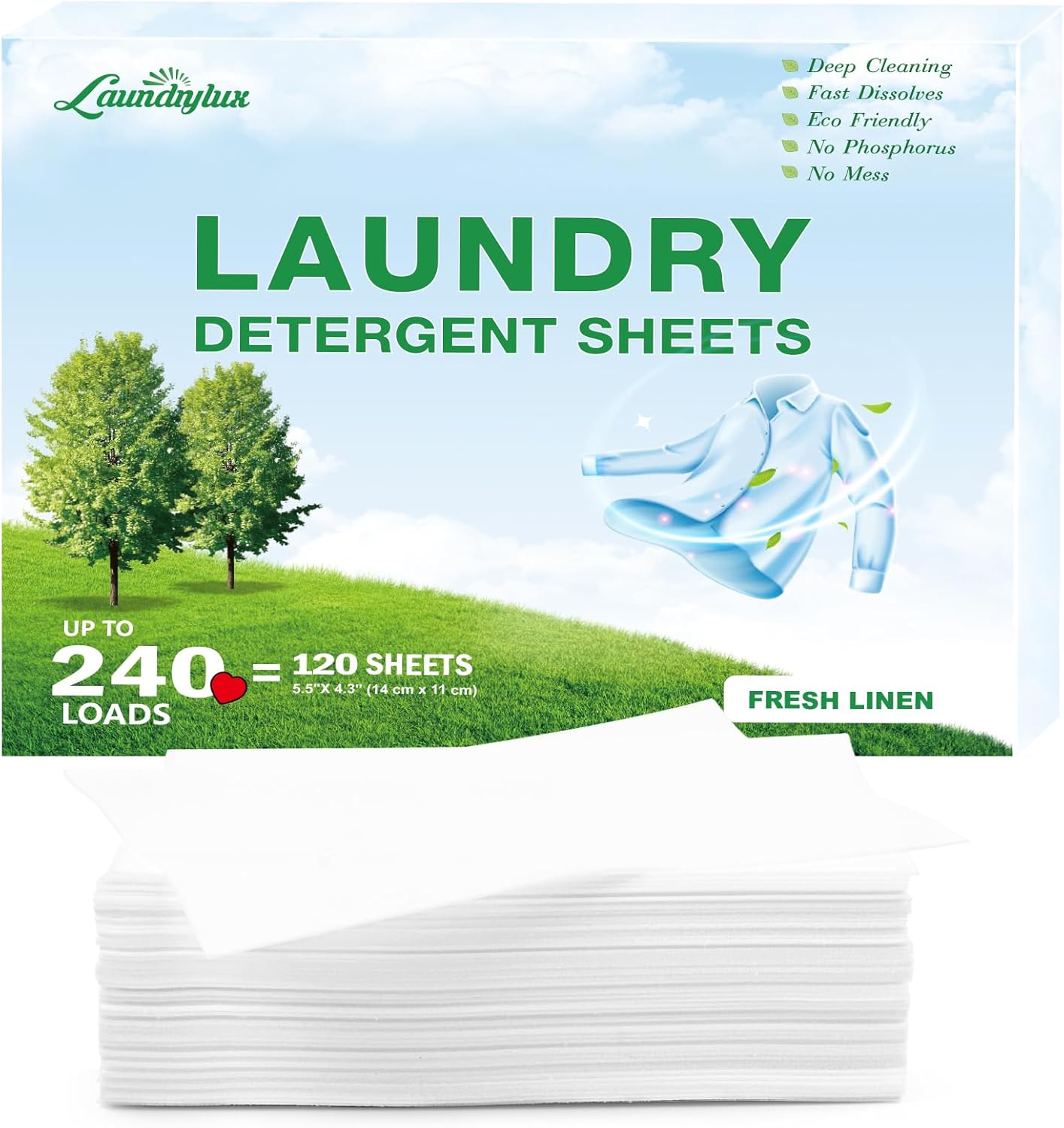 Laundry Detergent Sheet, Eco-Friendly & Hypoallergenic Wash Strips, Natural Ingredients, Ultra-Concentrated, Travel-Ready, No Plastic Jug- Fresh Scent, (240 Loads) 120 Sheets