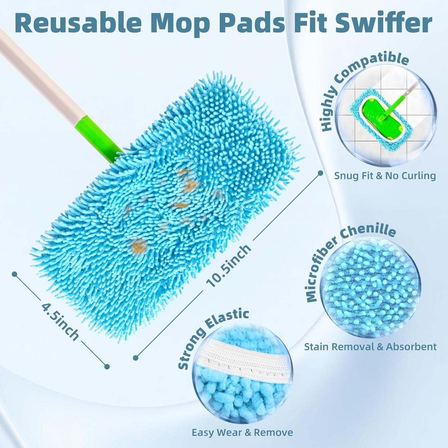Reusable Mop Pads Compatible with Swiffer Sweeper Mop, Washable Wet Pads Refill & Chenille Dry Sweeping Cloths, Microfiber Mop Pads for Use on All Sealed Floors - Wood, Laminate, Stone & Tile (6 Blue)